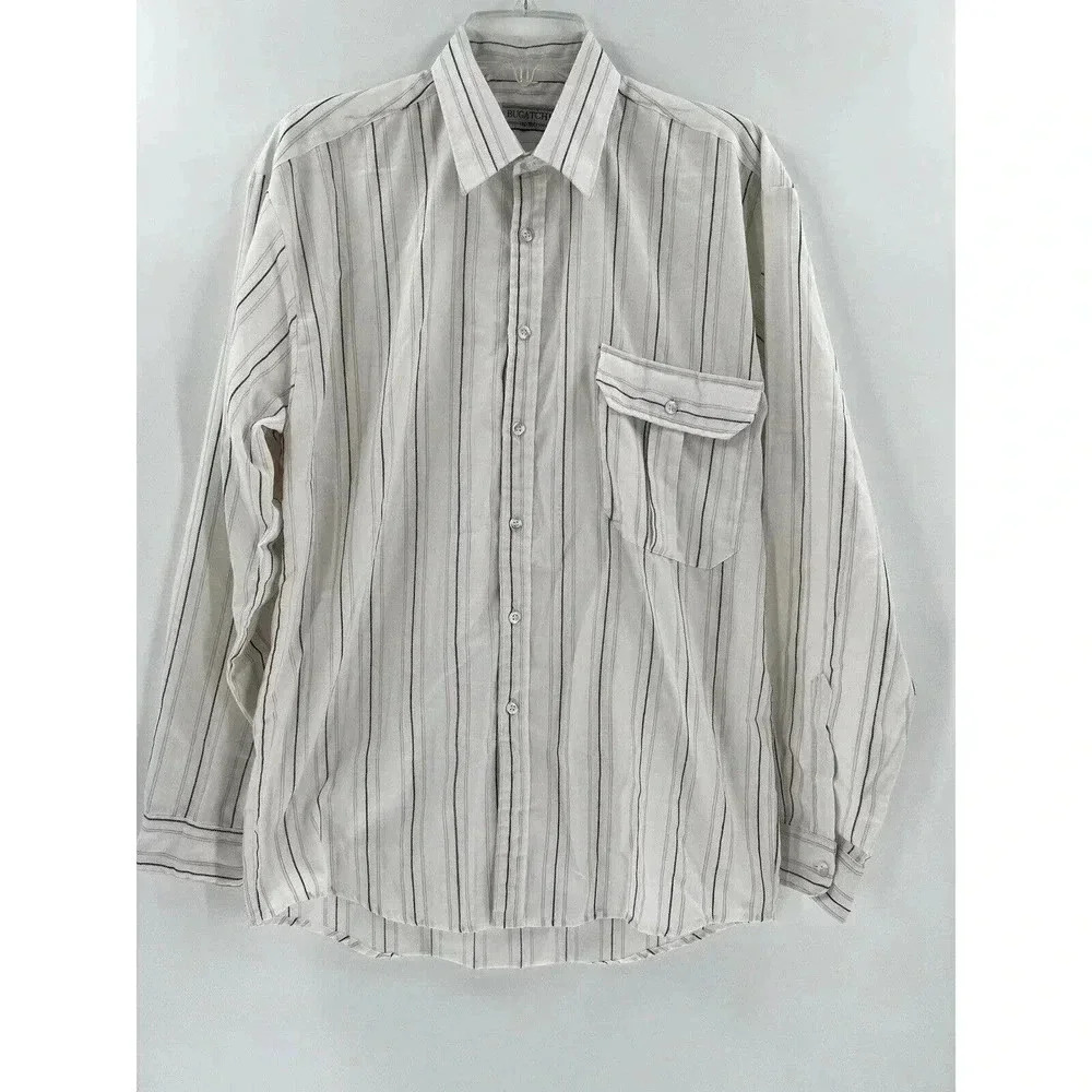 Vintage Bugatchi Uomo Mens Medium KHAKI STRIPE Button Down Long Sleeve Shirt